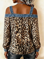 【Buy 2 Free Shipping】Women's Leopard Print Long-sleeve Casual Loose Denim Top With Chiffon Panels