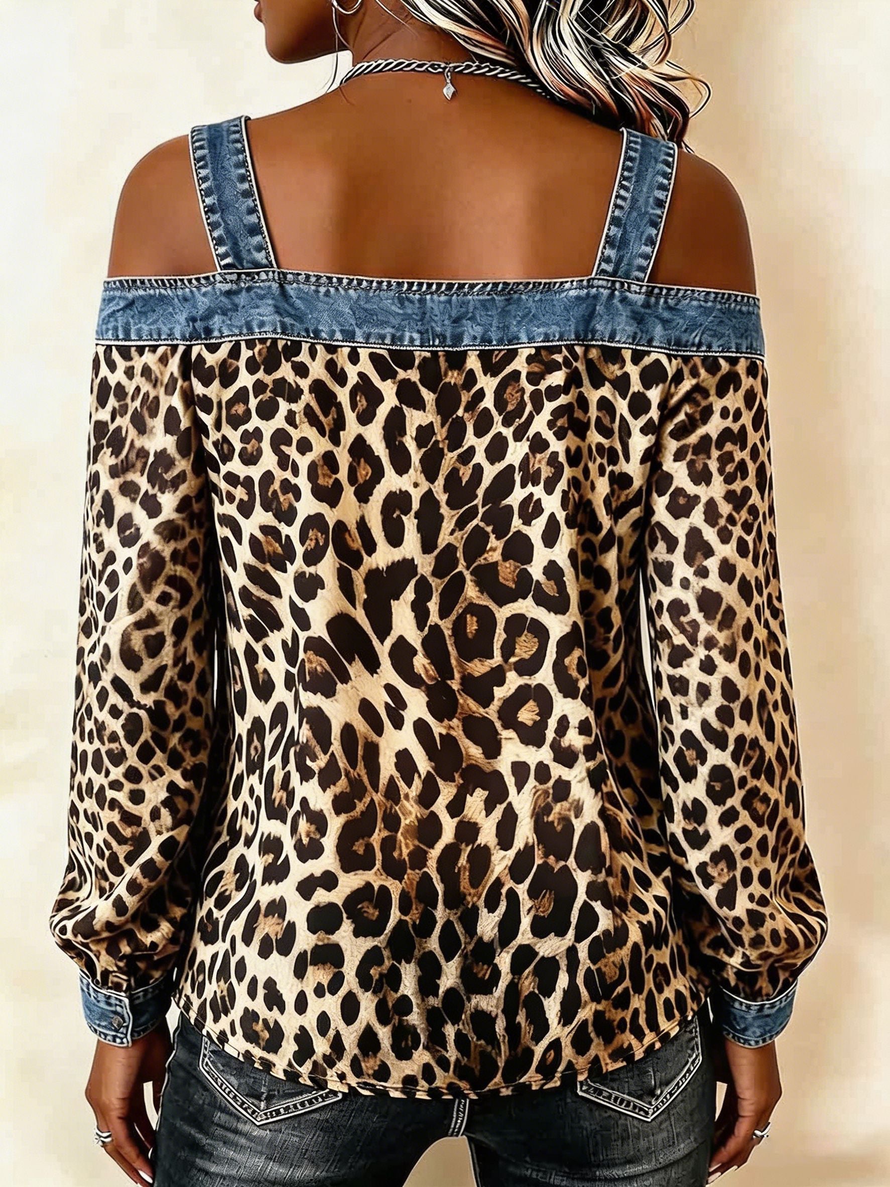 【Buy 2 Free Shipping】Women's Leopard Print Long-sleeve Casual Loose Denim Top With Chiffon Panels