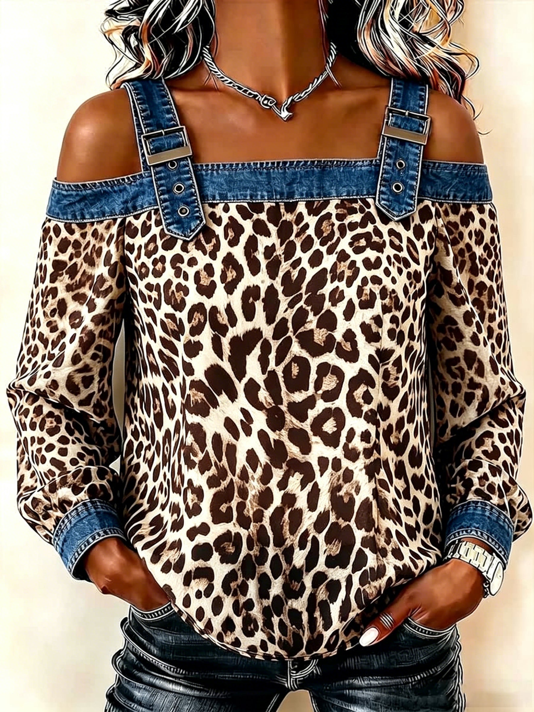 【Buy 2 Free Shipping】Women's Leopard Print Long-sleeve Casual Loose Denim Top With Chiffon Panels