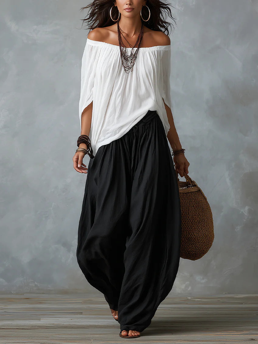 Women Boho Off-Shoulder Blouse &amp; Harem Pants Set