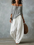 Women Boho Off-Shoulder Blouse &amp; Harem Pants Set