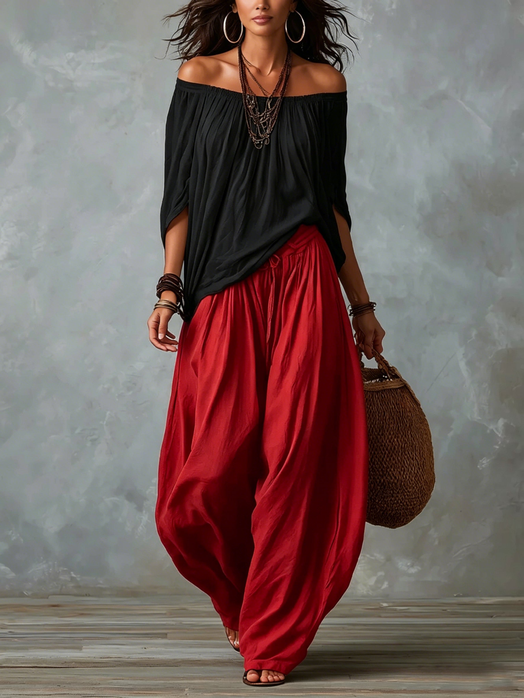 Women Boho Off-Shoulder Blouse &amp; Harem Pants Set