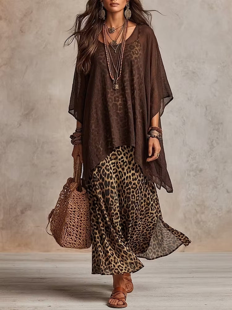 Women Bohemian Leopard Print Layered Maxi Dress