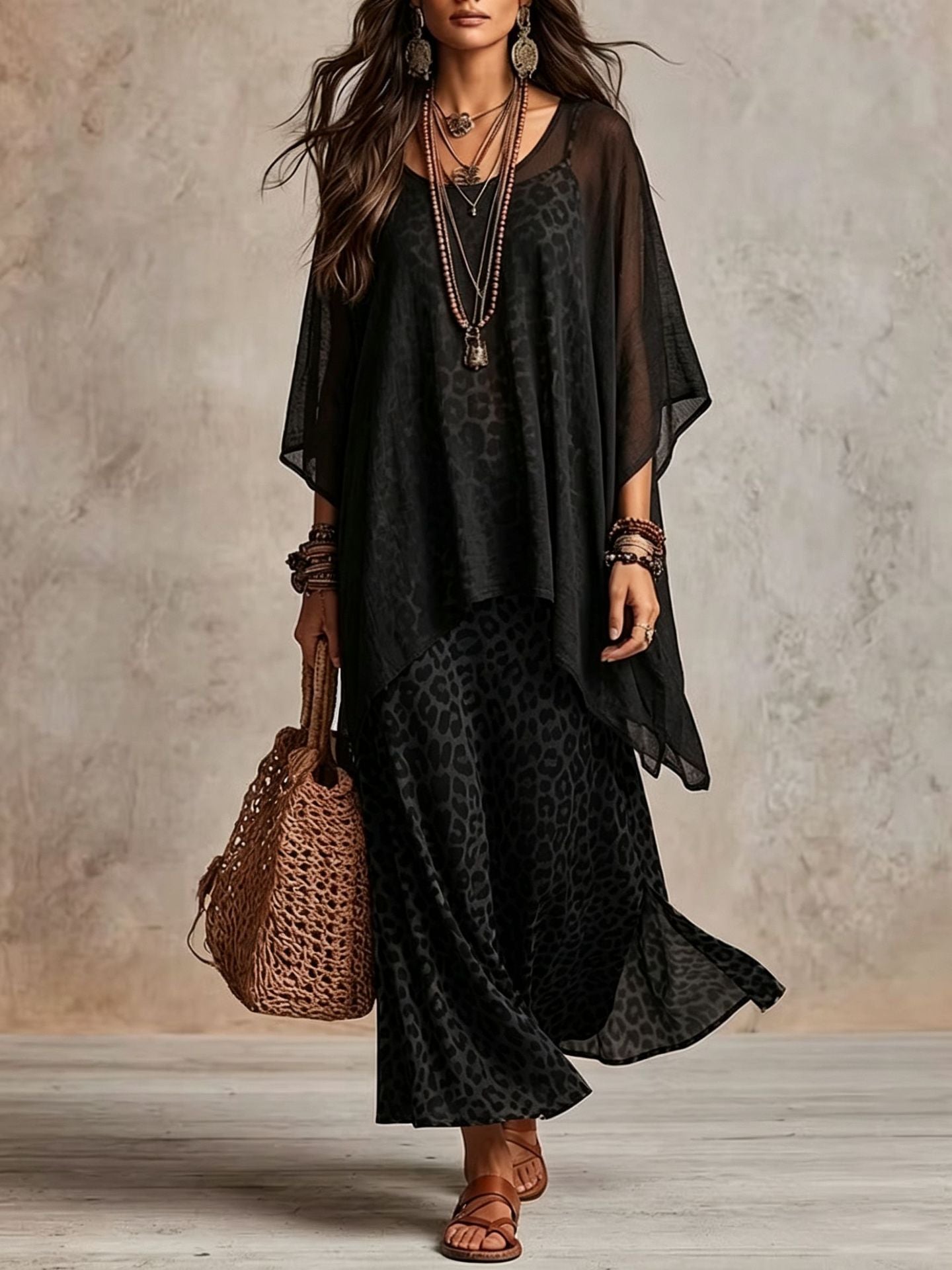Women Bohemian Leopard Print Layered Maxi Dress