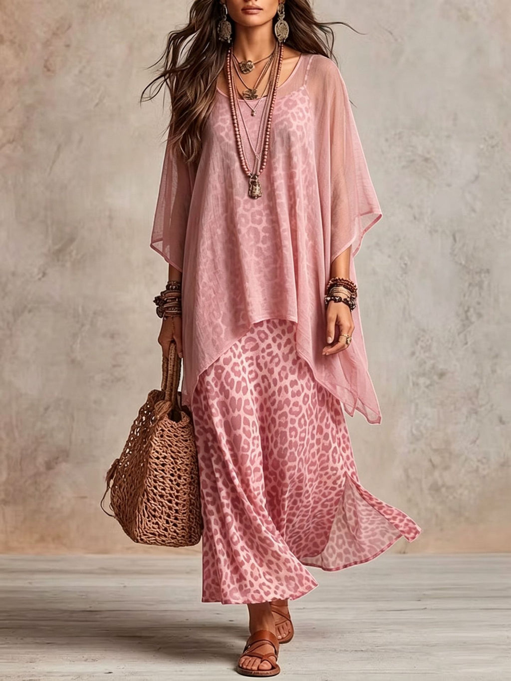 Women Bohemian Leopard Print Layered Maxi Dress