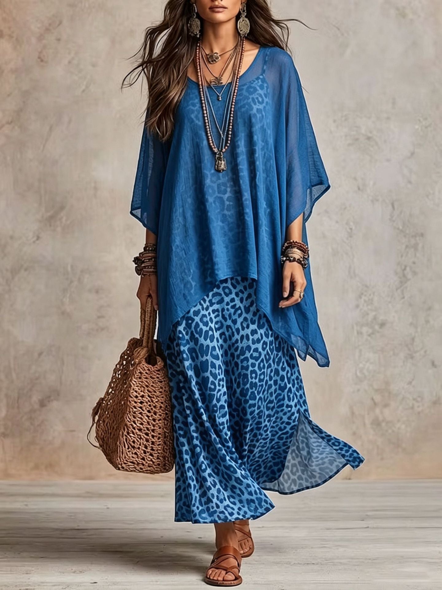 Women Bohemian Leopard Print Layered Maxi Dress