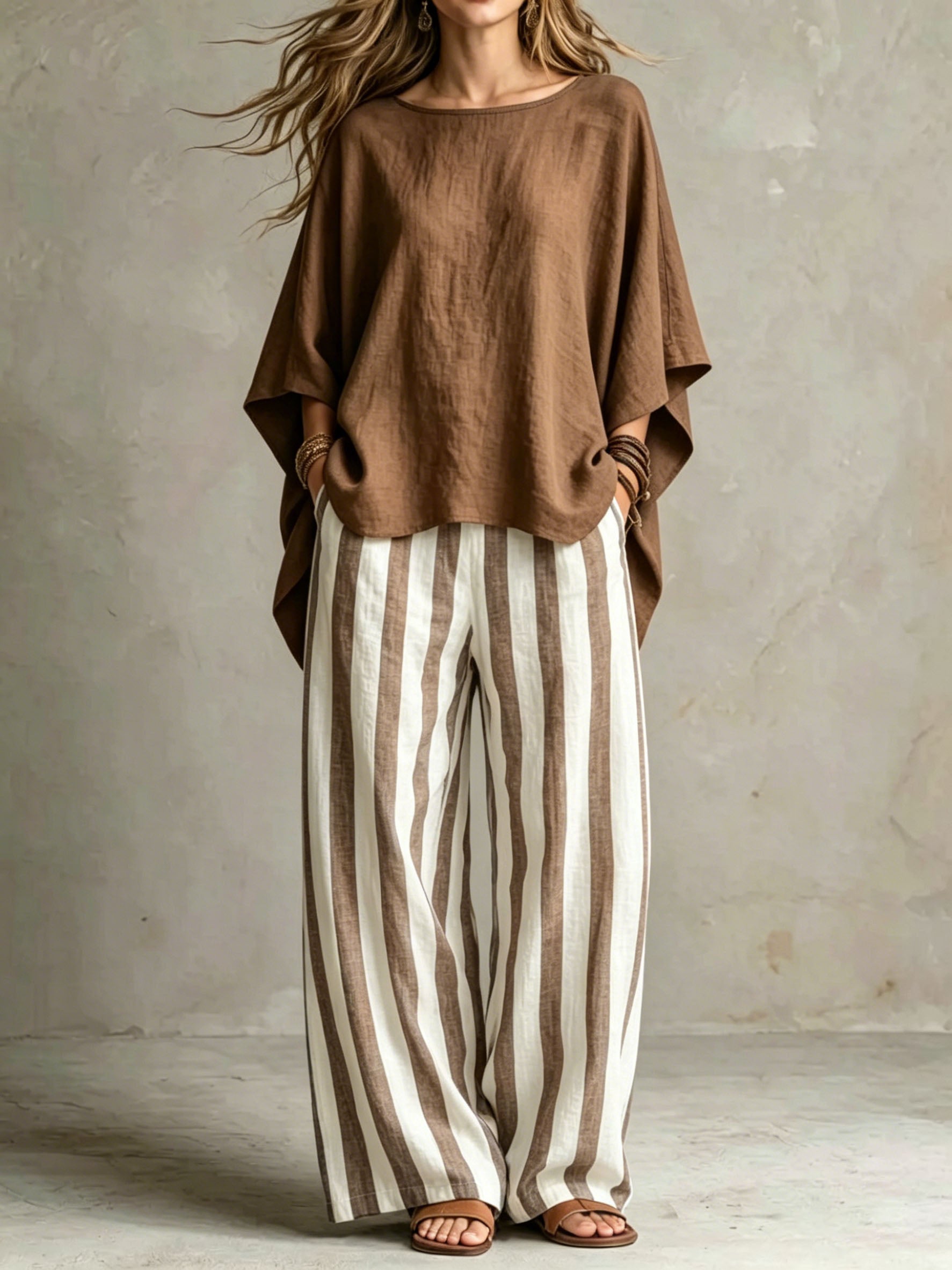 Women Relaxed Linen Stripe Wide-Leg Set