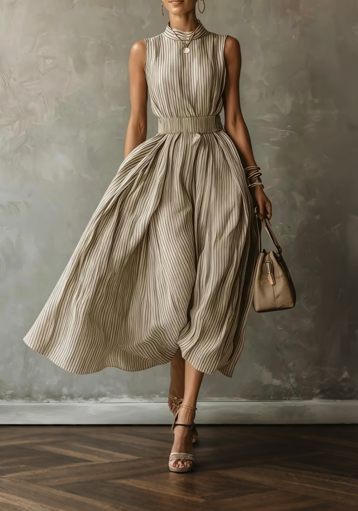 Women Chic Striped Sleeveless Midi Dress