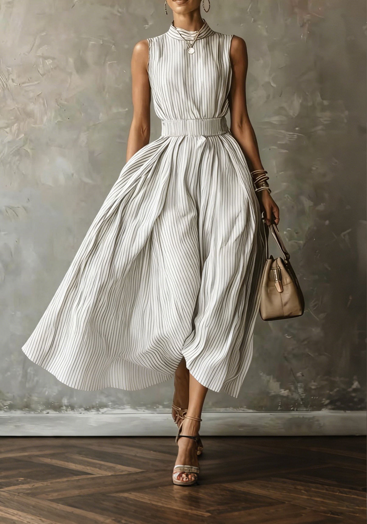 Women Chic Striped Sleeveless Midi Dress