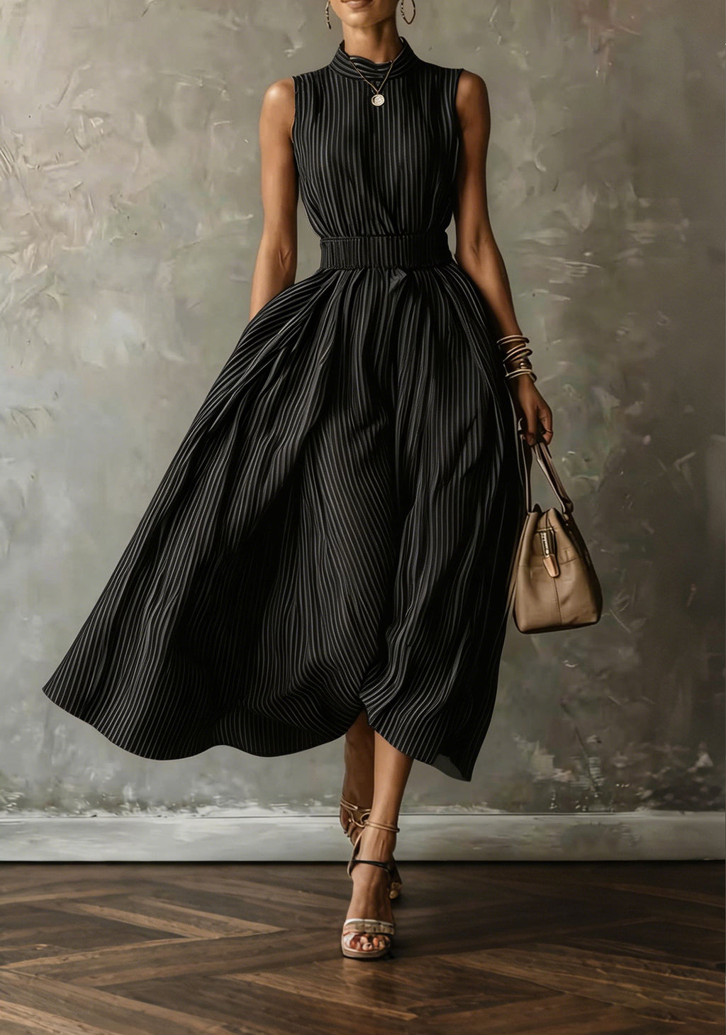Women Chic Striped Sleeveless Midi Dress