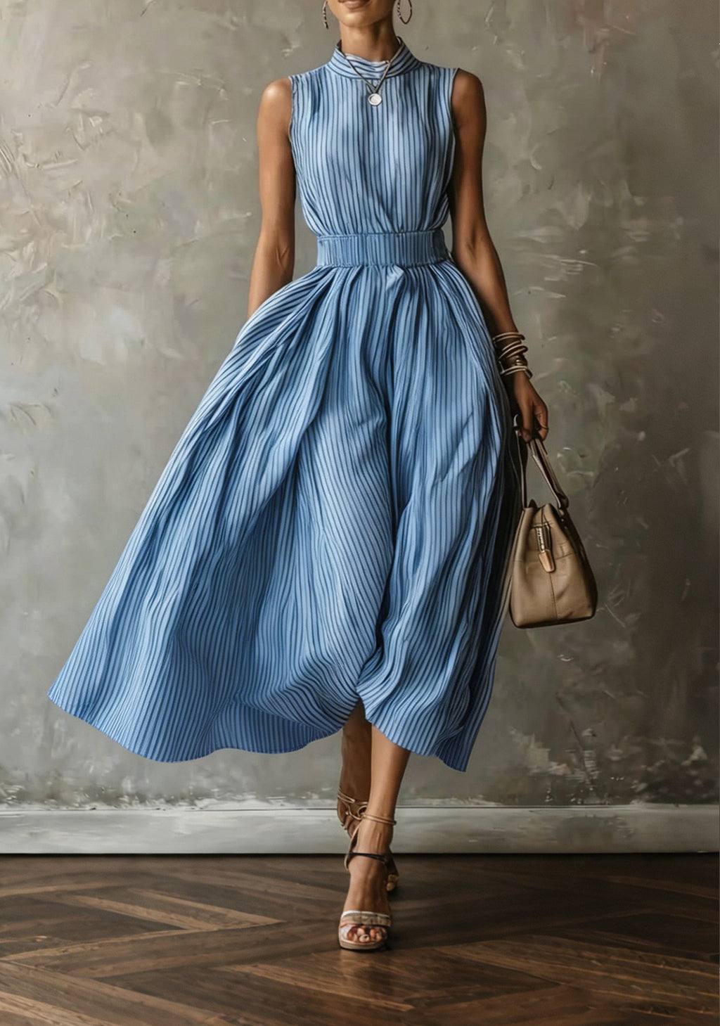 Women Chic Striped Sleeveless Midi Dress