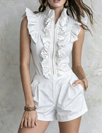 Women Elegant Ruffle Zip-Front Romper