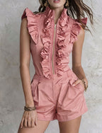 Women Elegant Ruffle Zip-Front Romper