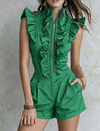 Women Elegant Ruffle Zip-Front Romper