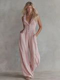 Casual Retro Ruffled Pink Sleeveless V-neck Button Cotton And Linen Jumpsuit