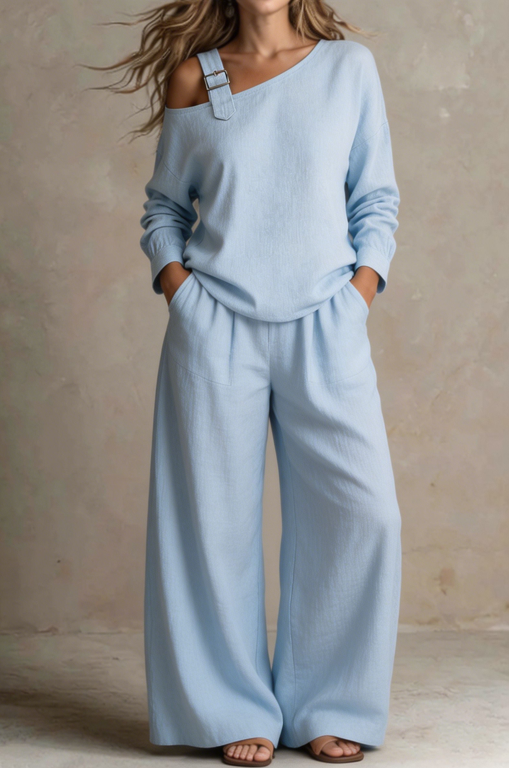 Women Chic One-Shoulder Linen-Blend Two-Piece Set