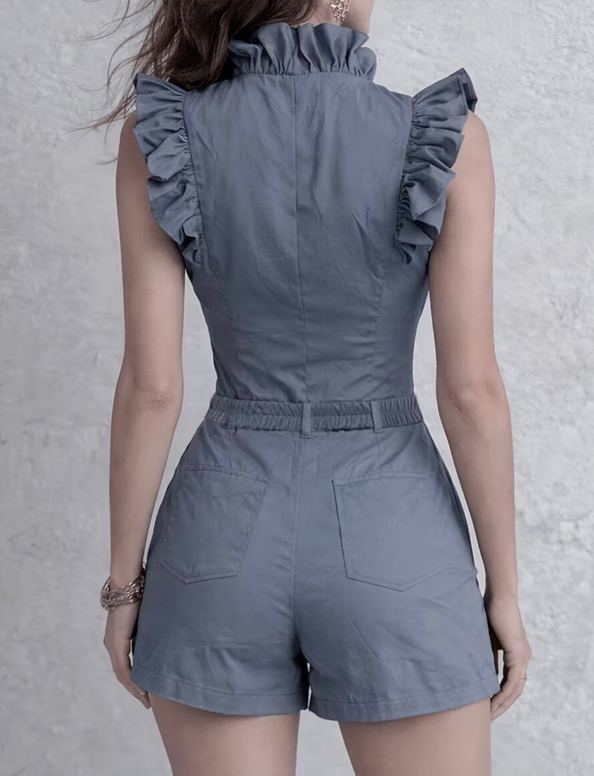 Women Elegant Ruffle Zip-Front Romper