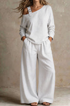 Women Chic One-Shoulder Linen-Blend Two-Piece Set