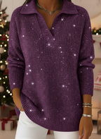 ✨ New Year Ready | Elegant Polo Collar Shiny Loose Sweater Top