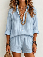 Women 2 Piece Linen Set Pleated Roll Sleeve Button Down Shirt Elastic Waist Shorts Casual Summer Outfit