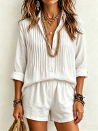 Women 2 Piece Linen Set Pleated Roll Sleeve Button Down Shirt Elastic Waist Shorts Casual Summer Outfit