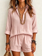 Women 2 Piece Linen Set Pleated Roll Sleeve Button Down Shirt Elastic Waist Shorts Casual Summer Outfit