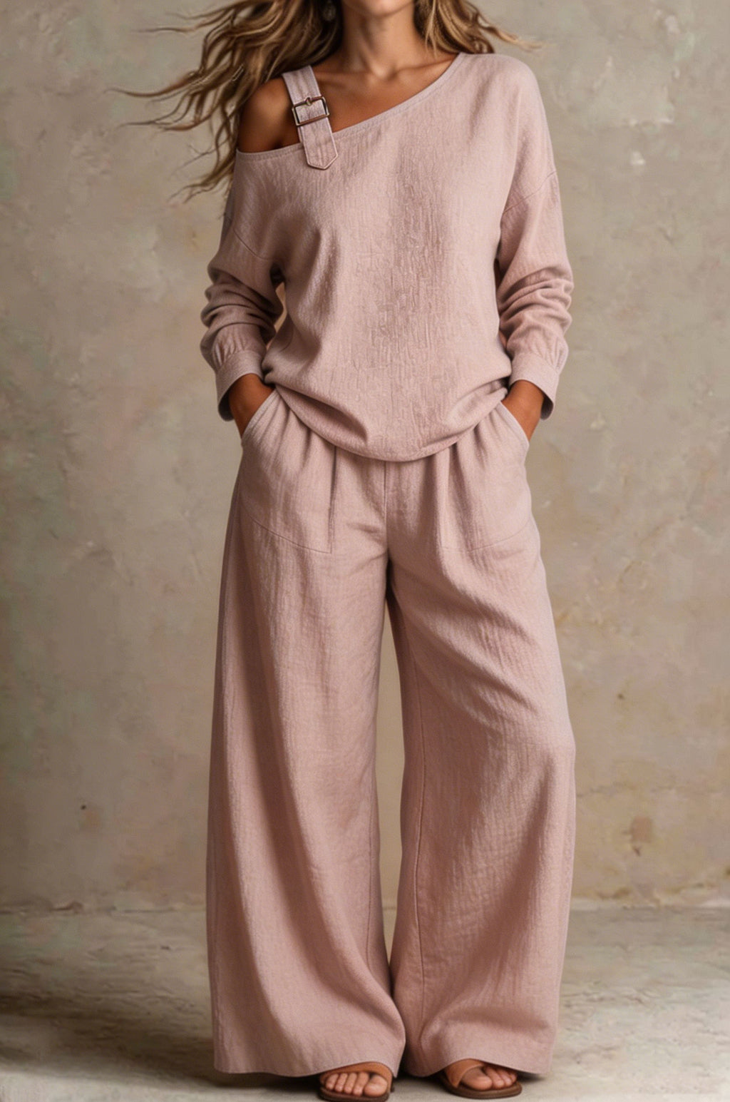Women Chic One-Shoulder Linen-Blend Two-Piece Set