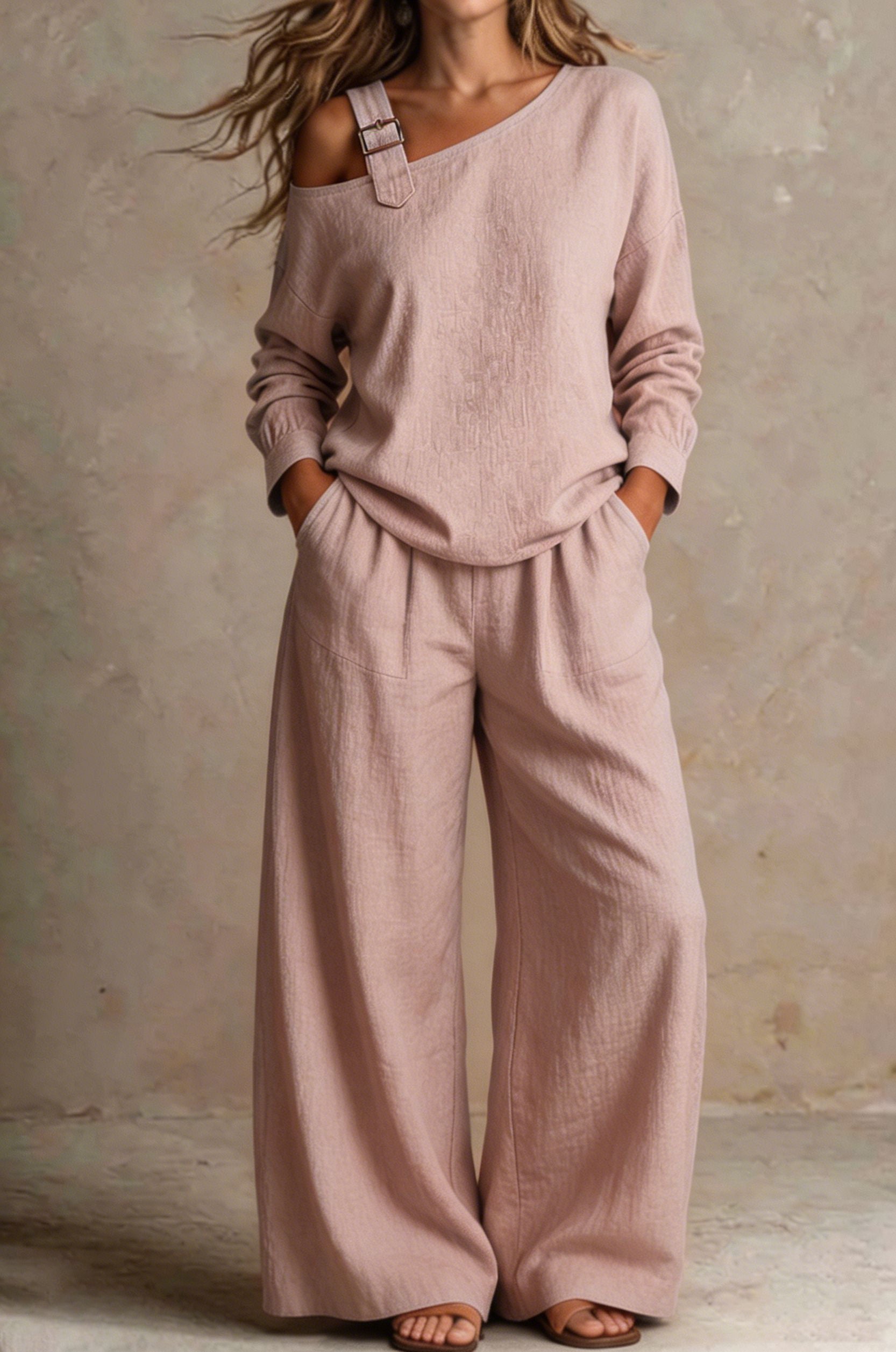 Women Chic One-Shoulder Linen-Blend Two-Piece Set