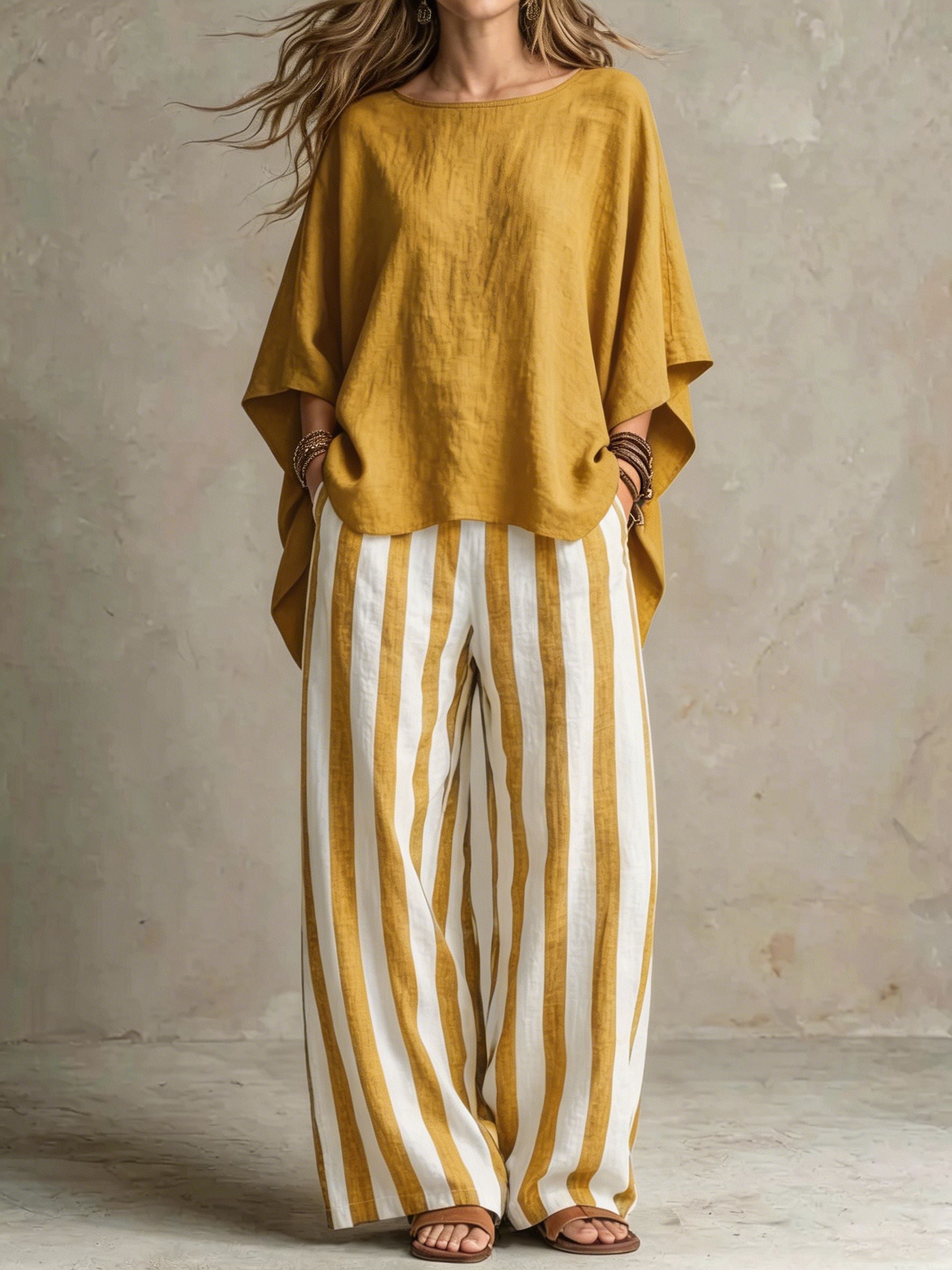 Women Relaxed Linen Stripe Wide-Leg Set