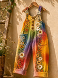 Women's Retro Style Art Print Washed Cotton Denim Patchwork Jumpsuit
