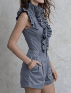Women Elegant Ruffle Zip-Front Romper