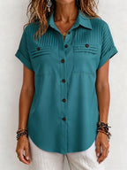 Women Casual Pleated Button-Up Blouse