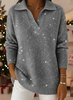 ✨ New Year Ready | Elegant Polo Collar Shiny Loose Sweater Top