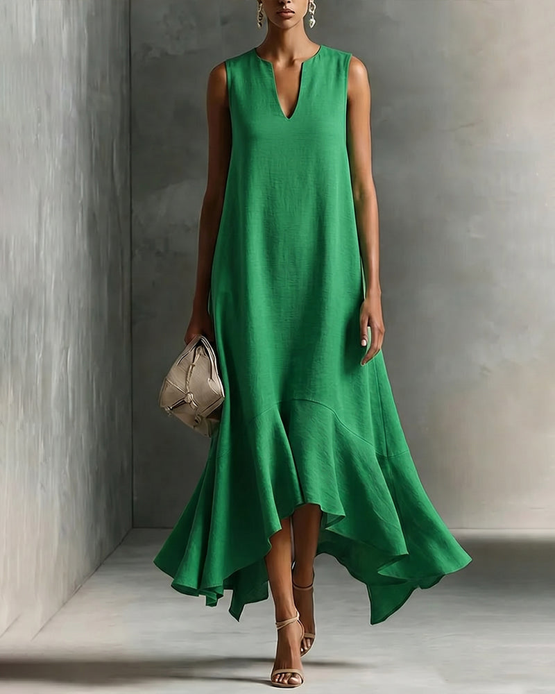 Minimalist Loose V-neck Sleeveless Ruffled Dress