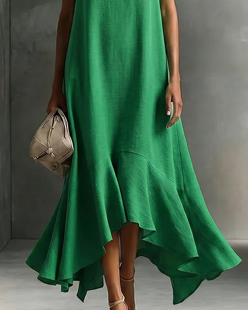 Minimalist Loose V-neck Sleeveless Ruffled Dress