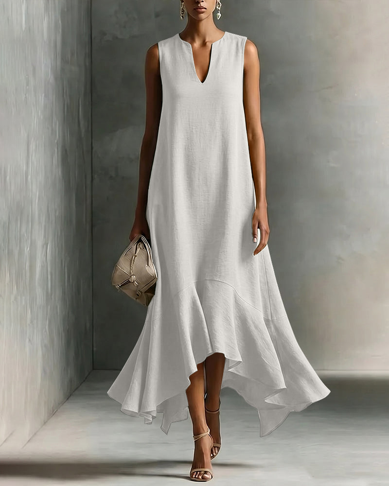 Minimalist Loose V-neck Sleeveless Ruffled Dress