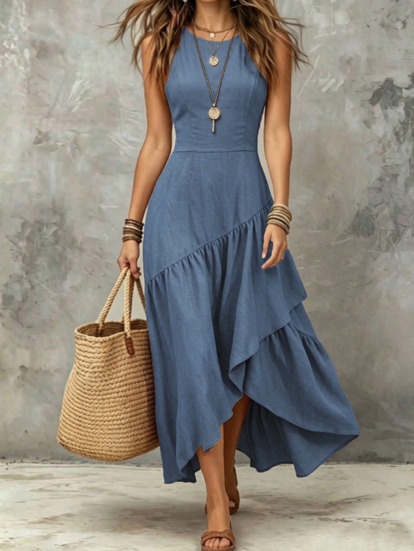 Women Elegant Asymmetrical Ruffle Maxi Dress
