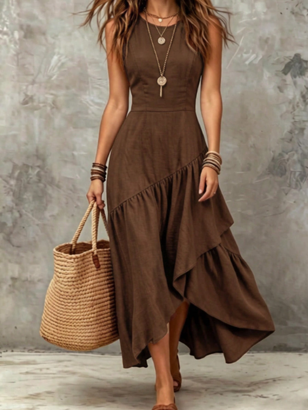 Women Elegant Asymmetrical Ruffle Maxi Dress