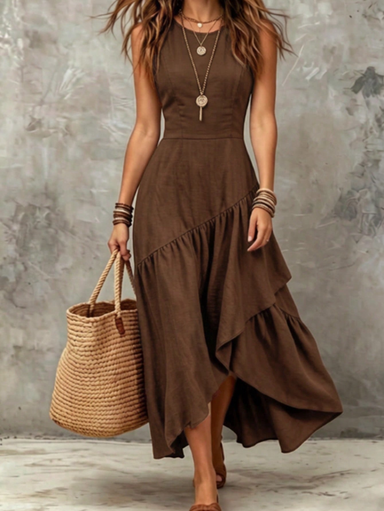 Women Elegant Asymmetrical Ruffle Maxi Dress