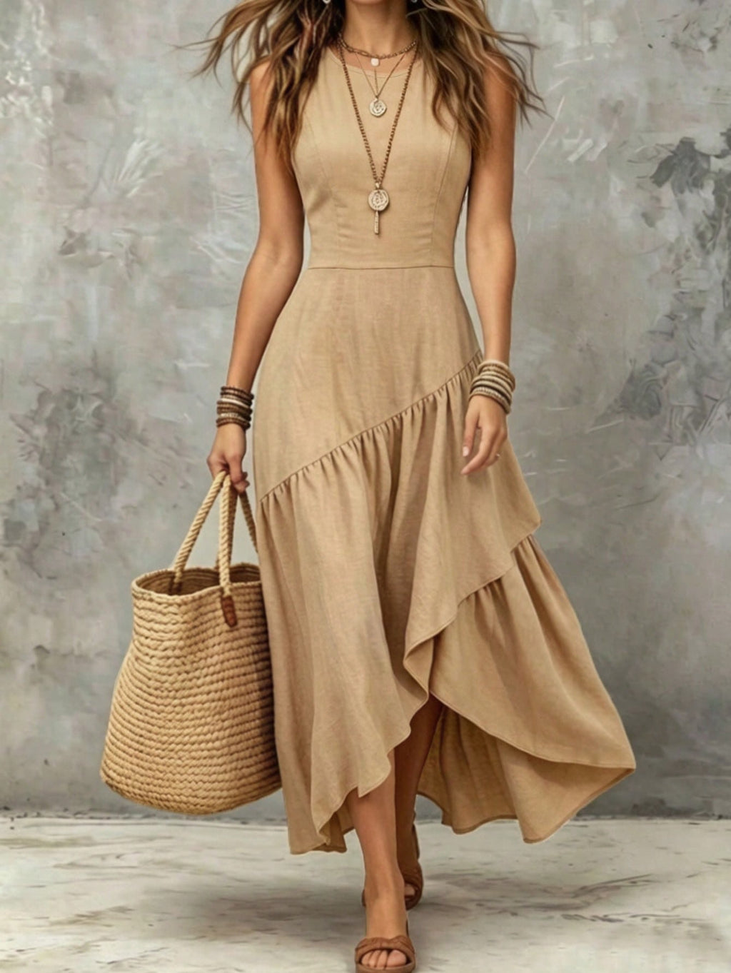 Women Elegant Asymmetrical Ruffle Maxi Dress