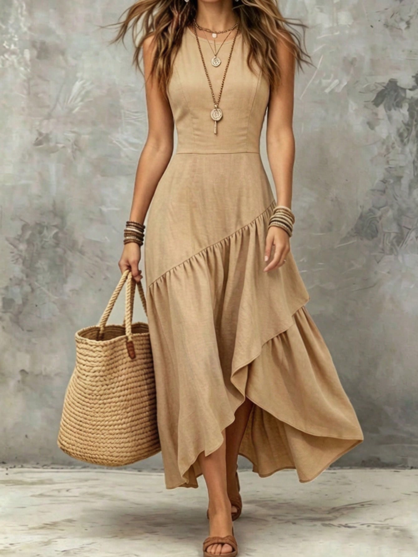 Women Elegant Asymmetrical Ruffle Maxi Dress