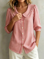 New Arrivals🔥 Women's Retro Peter Pan Collar Striped Cotton Linen Shirt