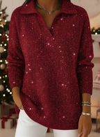 ✨ New Year Ready | Elegant Polo Collar Shiny Loose Sweater Top