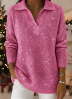 ✨ New Year Ready | Elegant Polo Collar Shiny Loose Sweater Top