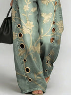 Women's Vintage Flower Print Casual Fashion Cutout Jeans