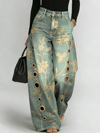 Women's Vintage Flower Print Casual Fashion Cutout Jeans