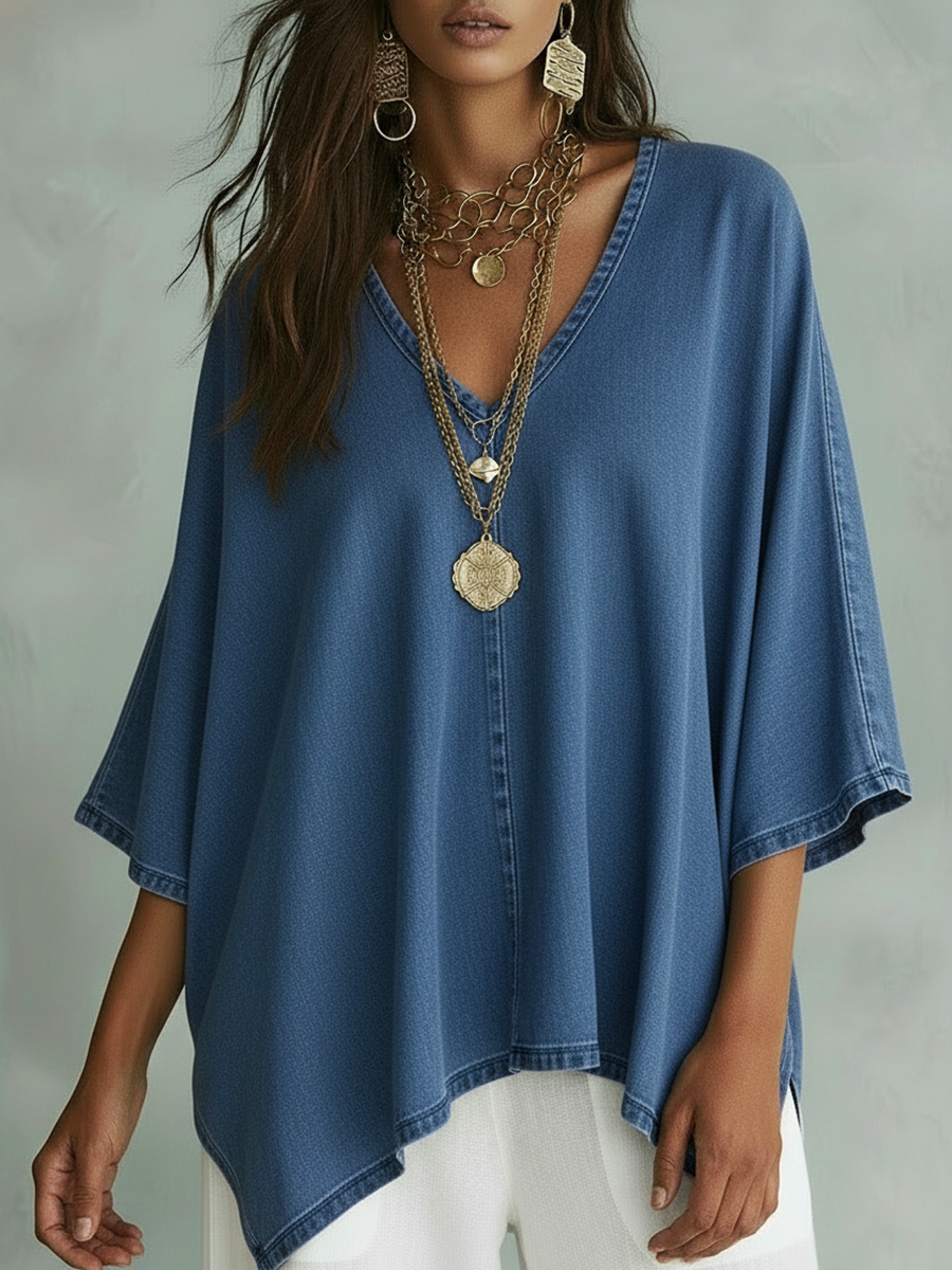 Women’s Relaxed V-Neck Chambray Blouse – Loose Fit & Plus-Size Friendly