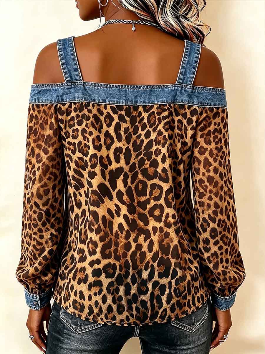 【Buy 2 Free Shipping】Women's Leopard Print Long-sleeve Casual Loose Denim Top With Chiffon Panels