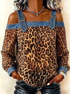【Buy 2 Free Shipping】Women's Leopard Print Long-sleeve Casual Loose Denim Top With Chiffon Panels
